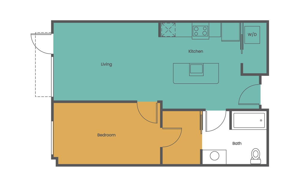 One Bedroom One Bath A - 1 bedroom floorplan layout with 1 bath and 569 to 775 square feet. (2D)