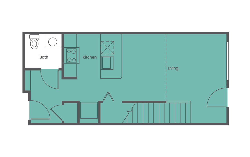 One Bedroom Townhouse B - 1 bedroom floorplan layout with 1 bath and 761 to 984 square feet. (Floor 1 / 2D)