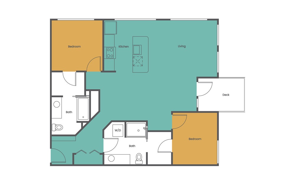 Two Bedroom Two Bath E - 2 bedroom floorplan layout with 2 baths and 1125 to 1183 square feet. (2D)