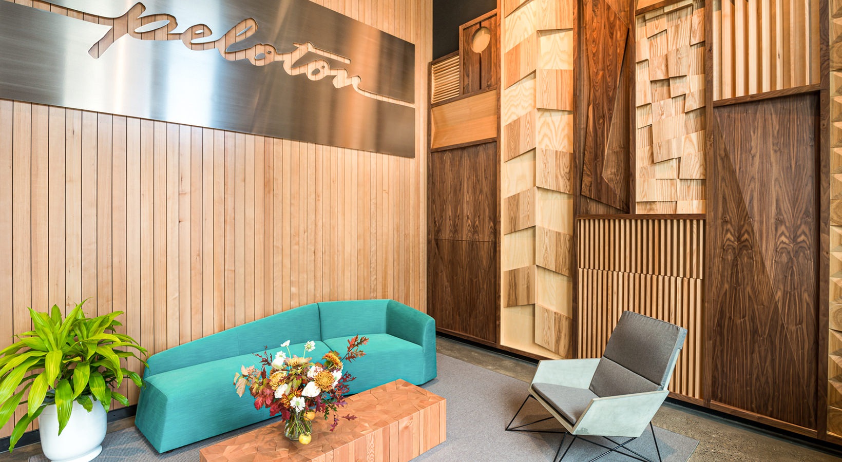 Peloton's lobby features wood sculpture by Joe Thurston Peloton's lobby features wood sculpture by Joe Thurston