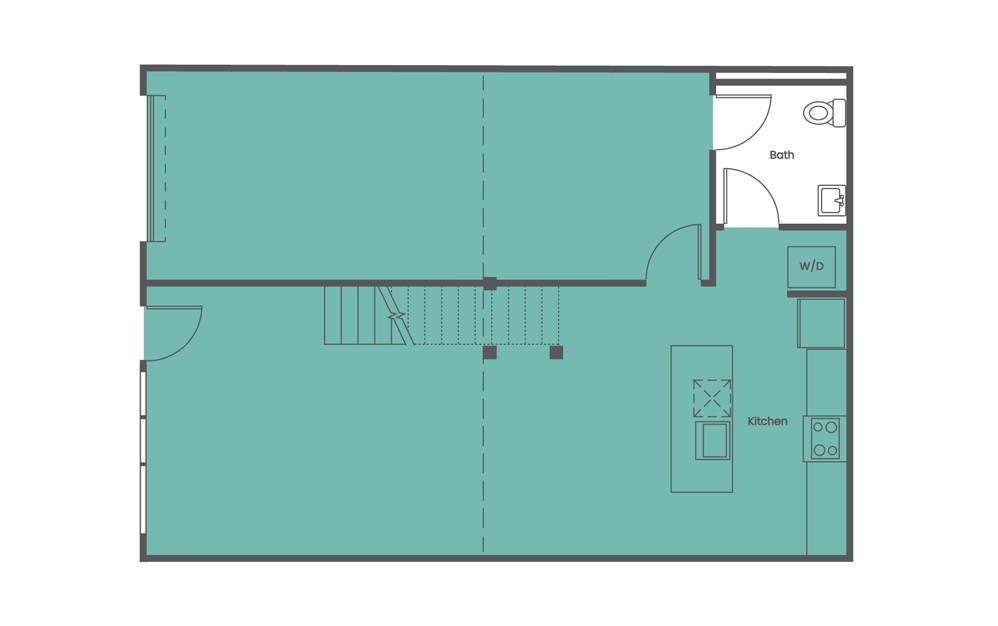 Live/Work Townhouse - 2 bedroom floorplan layout with 2.5 baths and 1594 to 1599 square feet. (Floor 1)