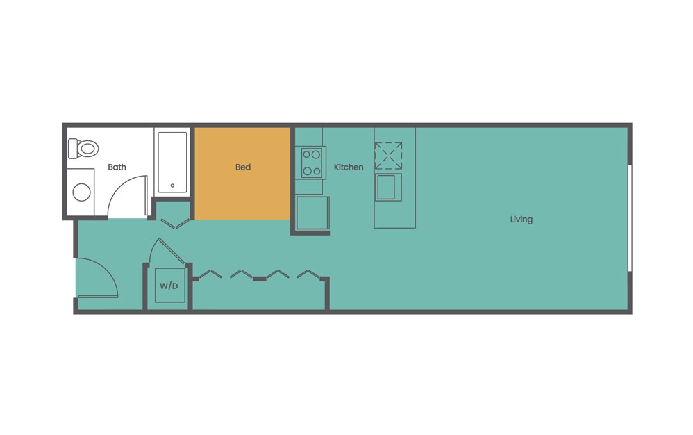 Studio B - Studio floorplan layout with 1 bath and 464 to 625 square feet. (2D)